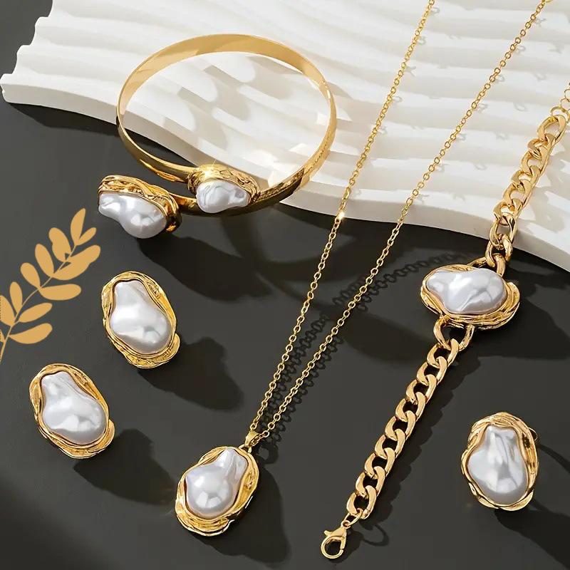 Модный набор из ожерелья, серег и кольца с неправильным жемчугом - Ретро Роскошная Мода