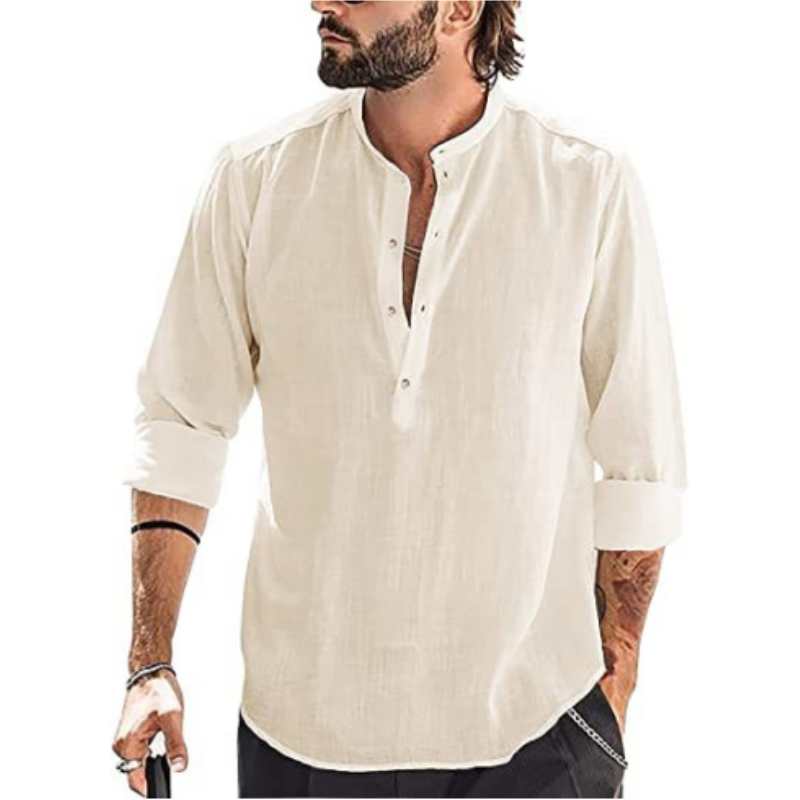 Men's Long Sleeve Loose Casual Standing Collar Shirt Solid Color Pullover Top