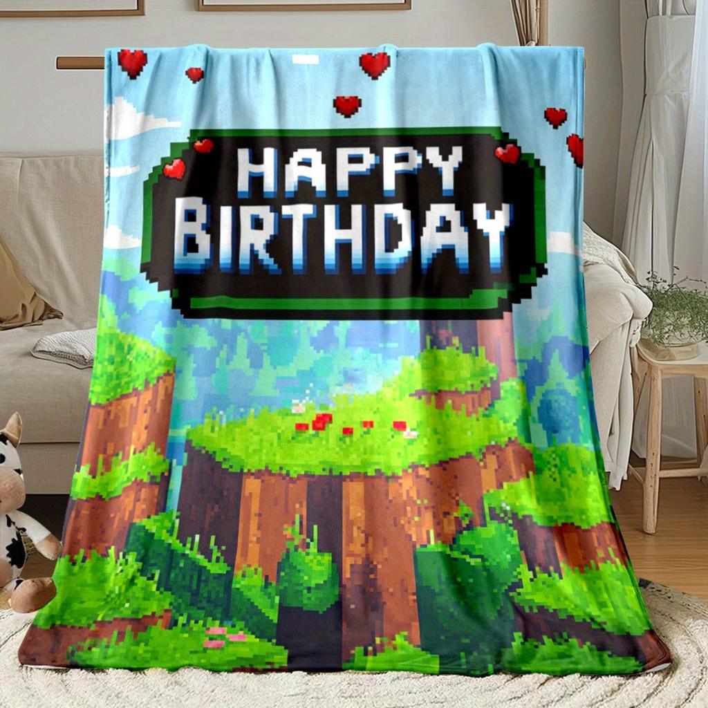 Happy Birthday Pixel Game Style Fleece Blanket Retro Video Game Art Soft Flannel Throw for Party Celebration Gift