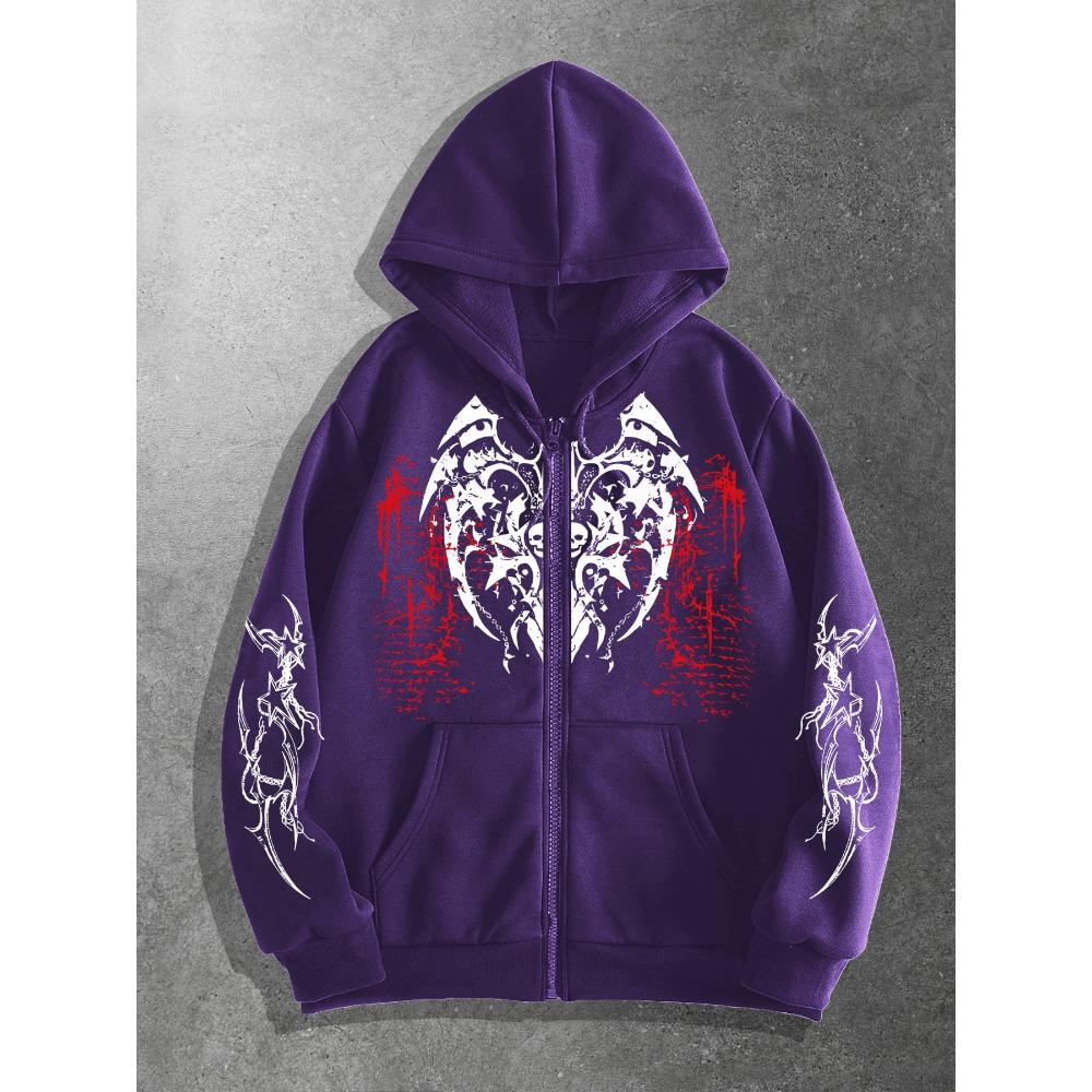 Y2K Dark Fashion Original Print Zippered Hoodie | Casual Street Style, Long Sleeve, Fiber, Regular Fit