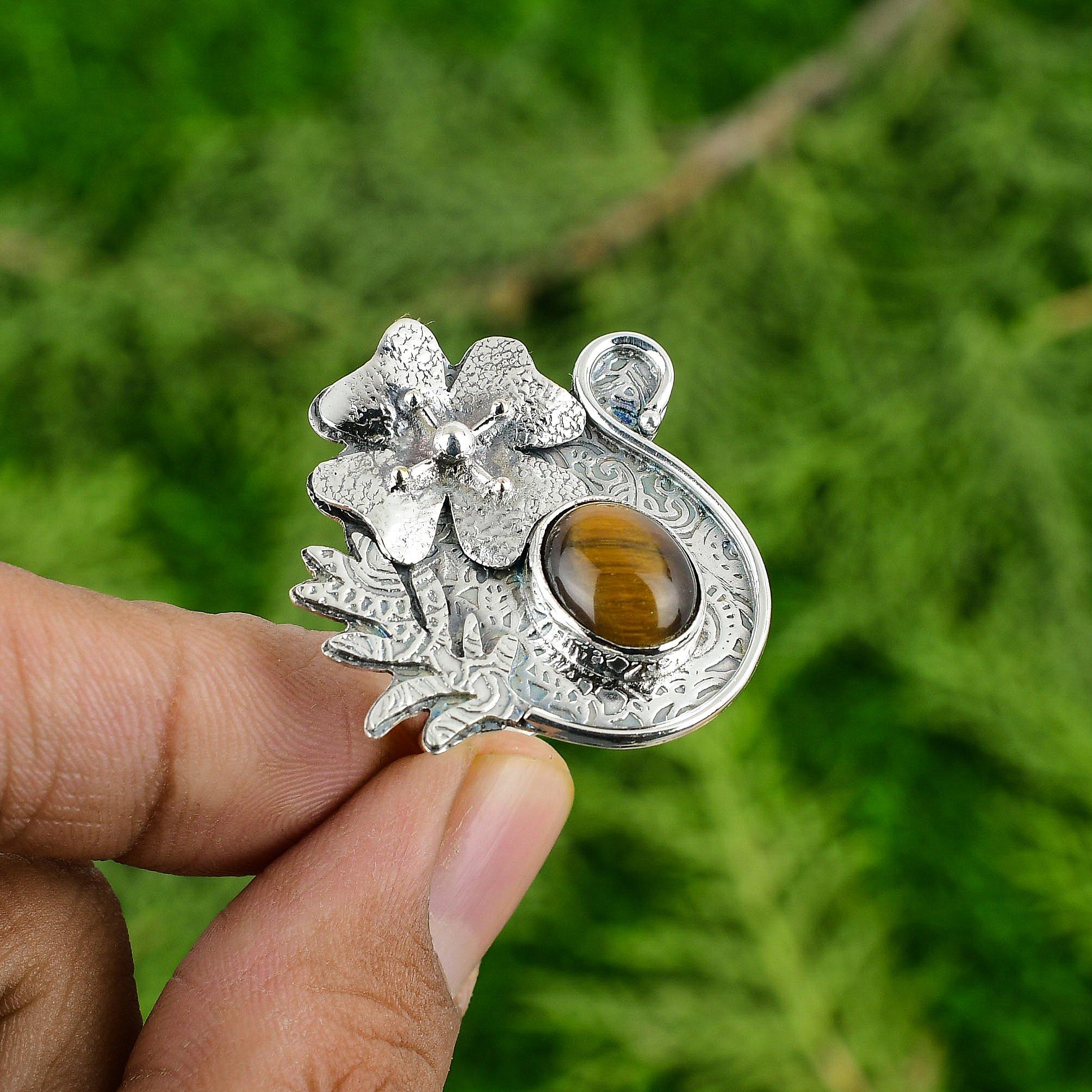 

925 Sterling Silver Tiger s Eye Gemstone Birthday Solitaire Flower Ring Jewelry Adjustable
