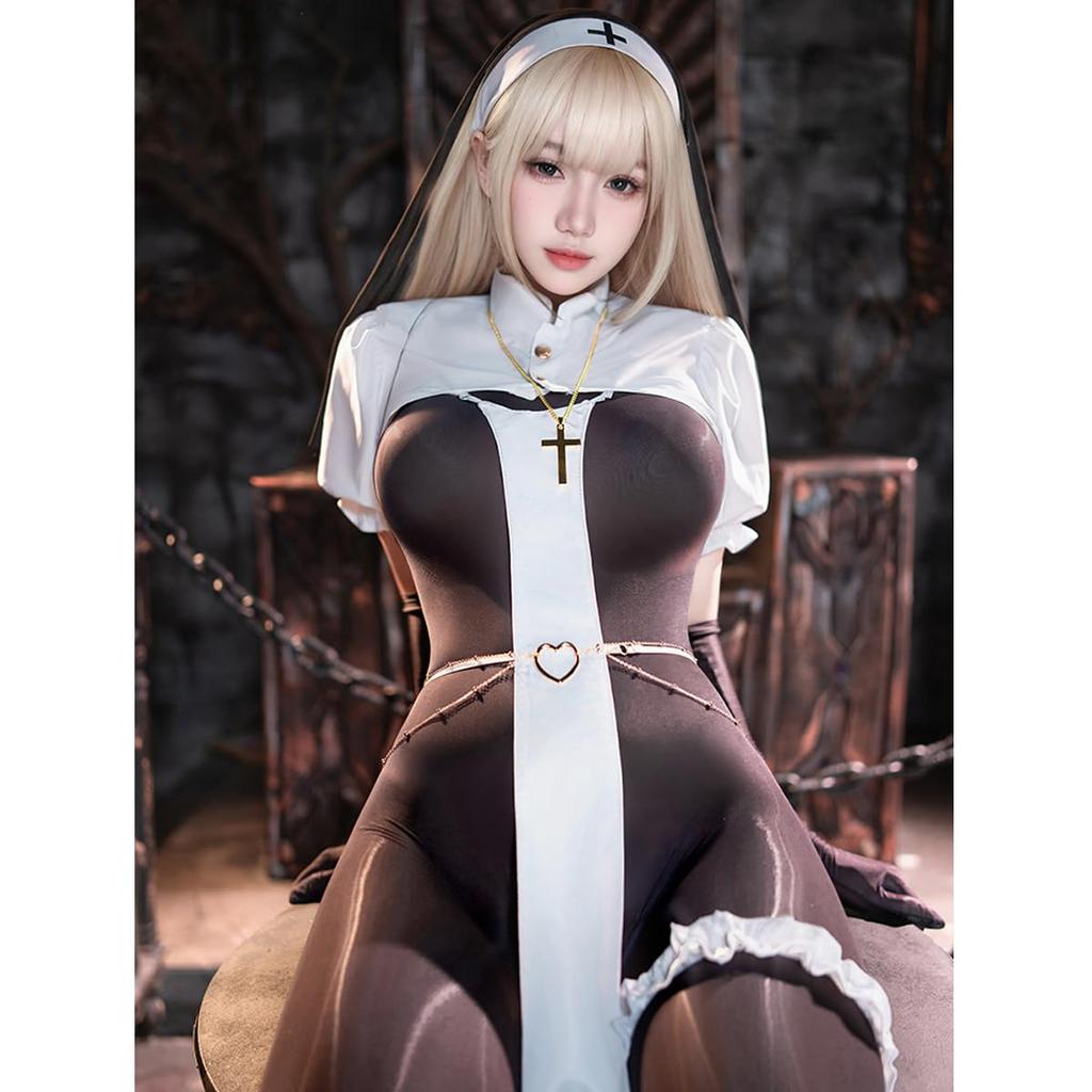 Naughty Cosplay Sister Nun Costume Saint Sexy Full Body Tights Maid Erotic Temptation Extreme Cute Black White Transparent with Cross Pastor