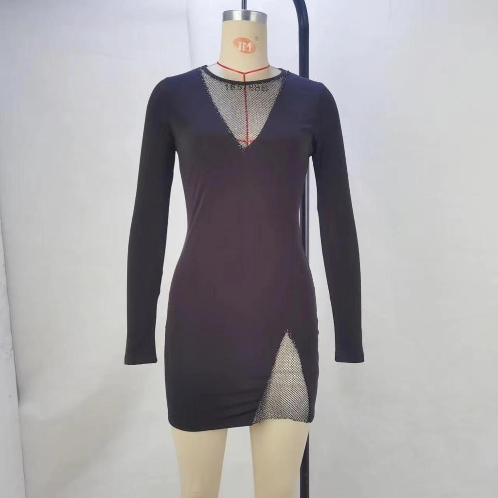 Chic European & American Spring/Autumn Women's Dress: Sleek, Sexy, Bodycon Hip Skirt with Long Sleeves for Nightclub Wear