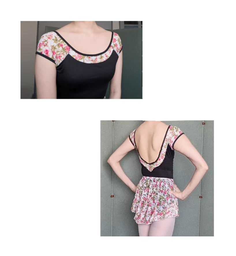 ProDance Ballet Leotard In and Light Blue with Floral Half PLHA015B Women's White, Black, Print, Cup, (L(165), Black)