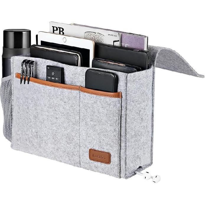 Bedside Caddy, Felt Bed Storage Organizer Hanging Bag Holder with 5 Pockets, Magazine Book Phone Tablet iPad Cables Remote and Water Bottle Holder