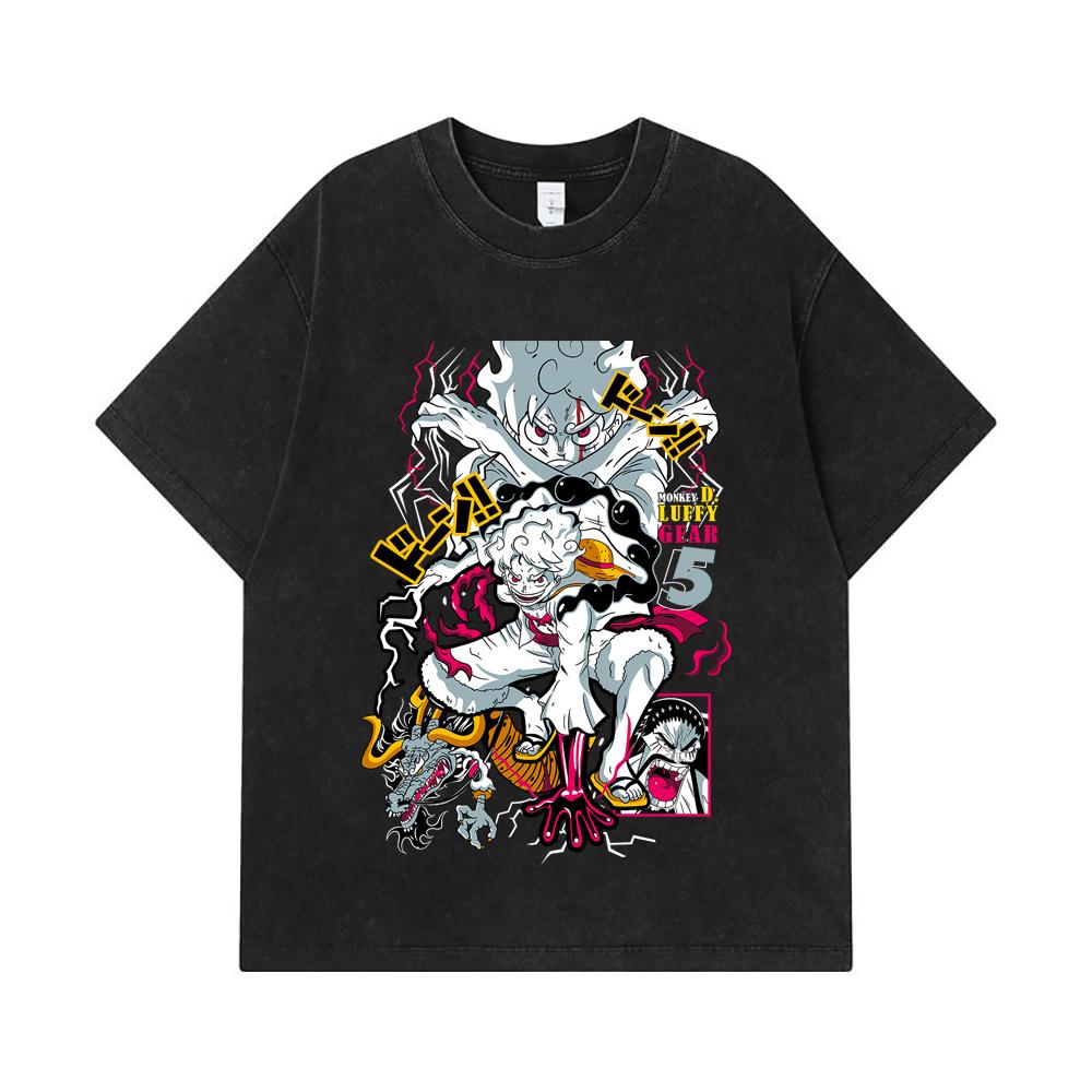 275 GSM Washed T-shirts 100% Cotton One Piece V23 Luffy Gear Print Unisex Heavy Cotton T Shirt