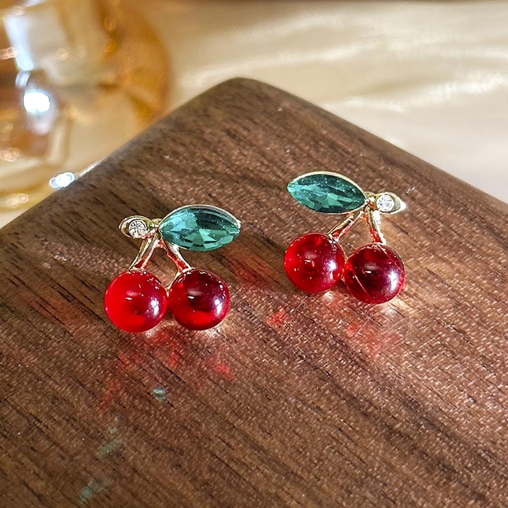 1 Pair Vintage Style Cherry Stud Earrings, Zinc Alloy with Red Simulation Gemstone, Elegant Fruit Design, for Daily Wear