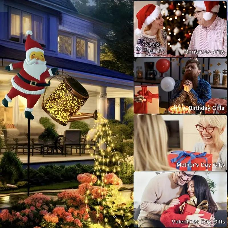 Сонячний Дід Мороз з лійкою, ліхтарі, вінтажний метал, вулична садова прикраса, сонячний чайник-ліхтар для патіо, доріжки, різдвяні подарунки