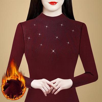 New Winter Double-sided German Velvet Ironing Diamond Base Shirt for Women Long-sleeved Half-high Neck Fashionable Slim T-shirt Top