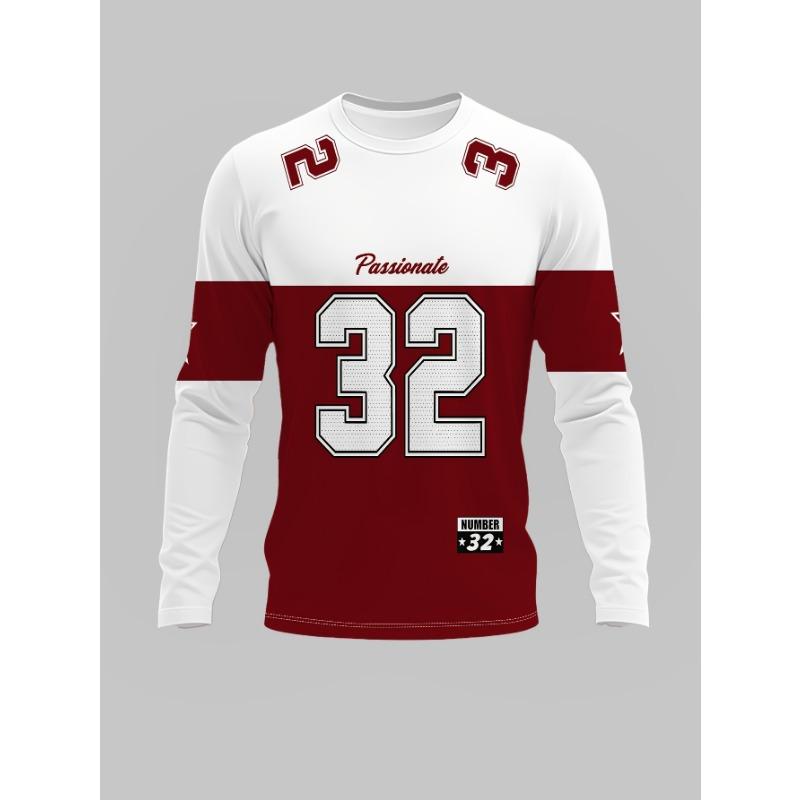 Patchwork Number 32 Letter Star Print Long Sleeve T-Shirt, American Sporty Casual Top