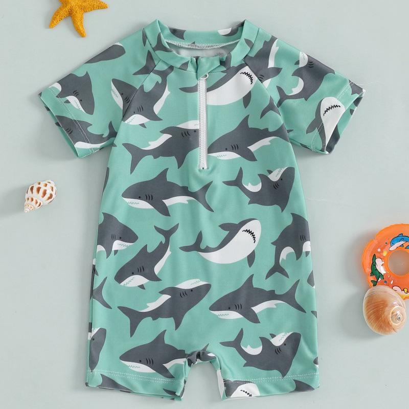 2026 New European & American Cute Baby Shark Print Short Sleeve Bodysuit - Soft 0-3 Months