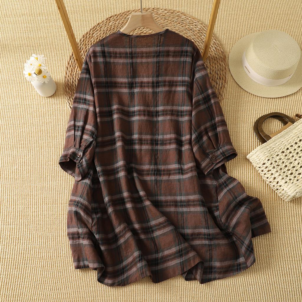 DIMANAF 2026 Summer New Plus Size Women T-Shirts Casual Blouse Shirts Lady Tops Tees Cotton Oversized Vintage Print Plaid