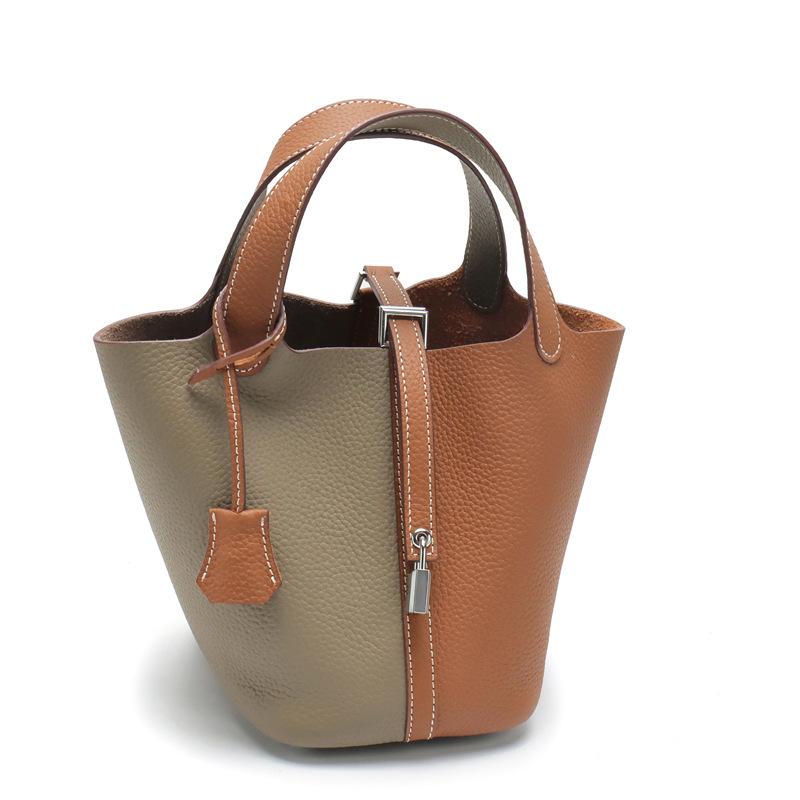 New leather first layer lychee pattern cowhide color matching vegetable basket women's bag fashion hand bag handbag bucket bag