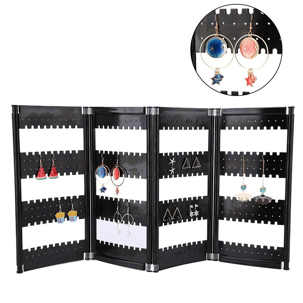Foldable 4-Panel Jewelry Holder Earrings Display Stand Ear Studs Storage Rack   (Black)
