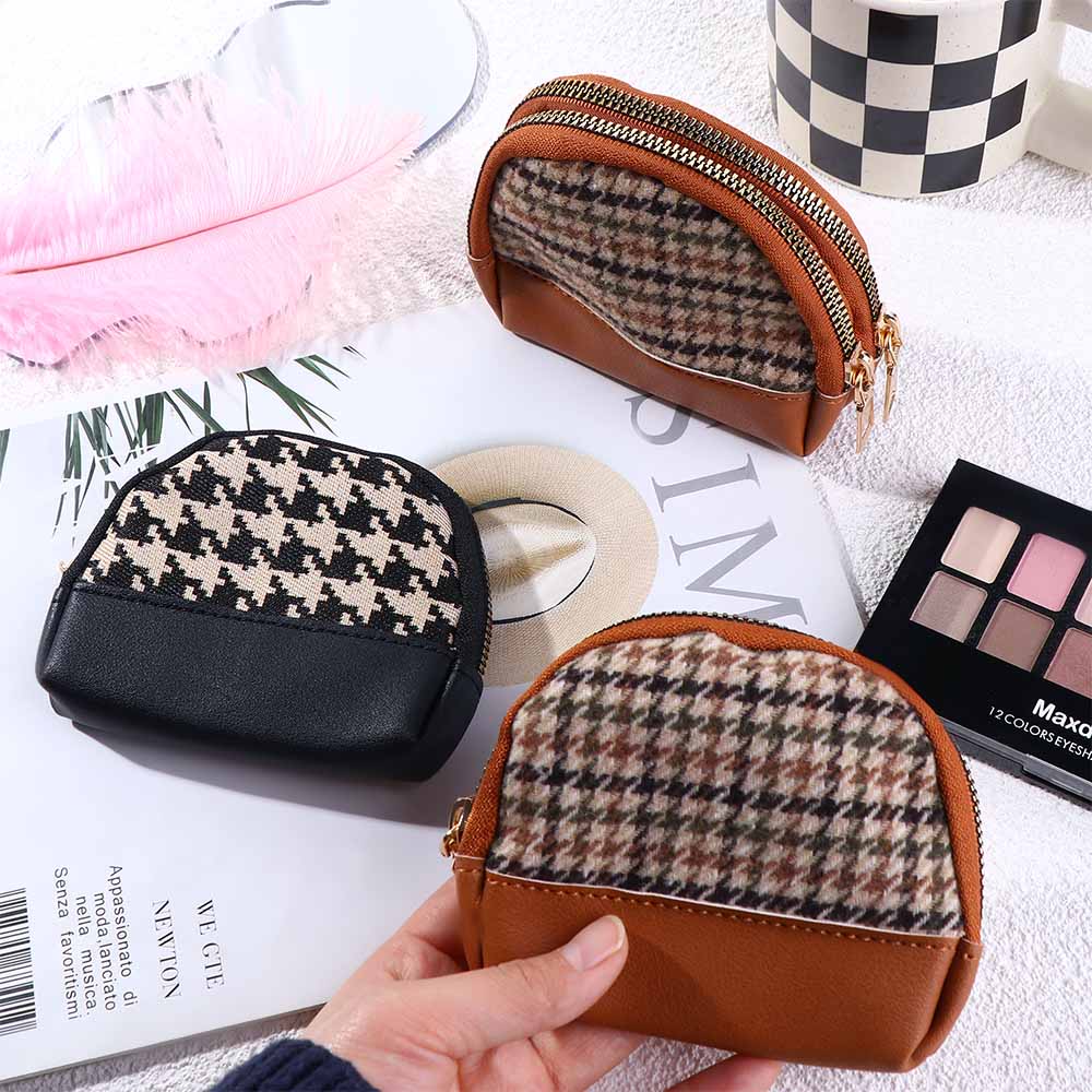 Layers Zipper Houndstooth with Key Chain Fabric Card Holders Wallet Leather Bag Women Coin Purse