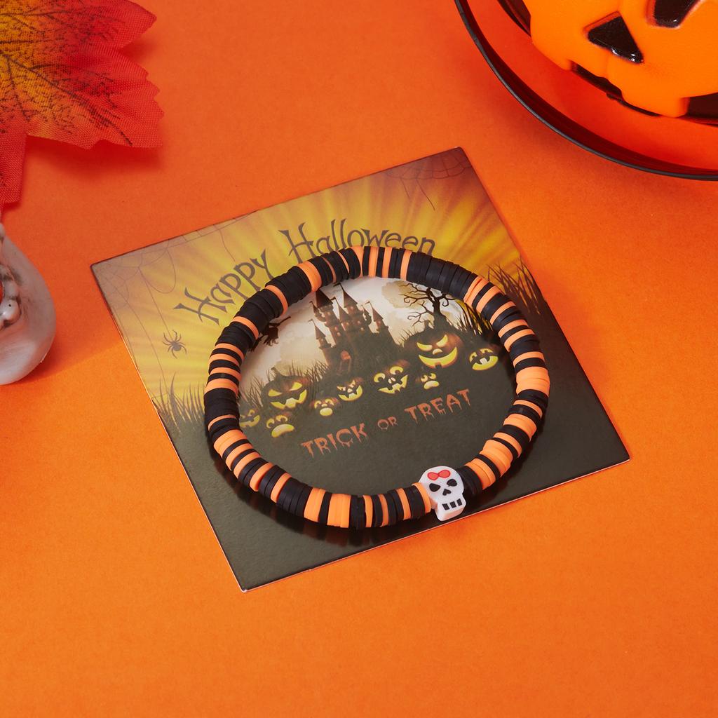 Halloween Skeleton Ghost Pumpkin Pattern Bracelet For Women Soft Clay Pottery Beaded Bangles Party All Saints' Day Jewelry Gift
