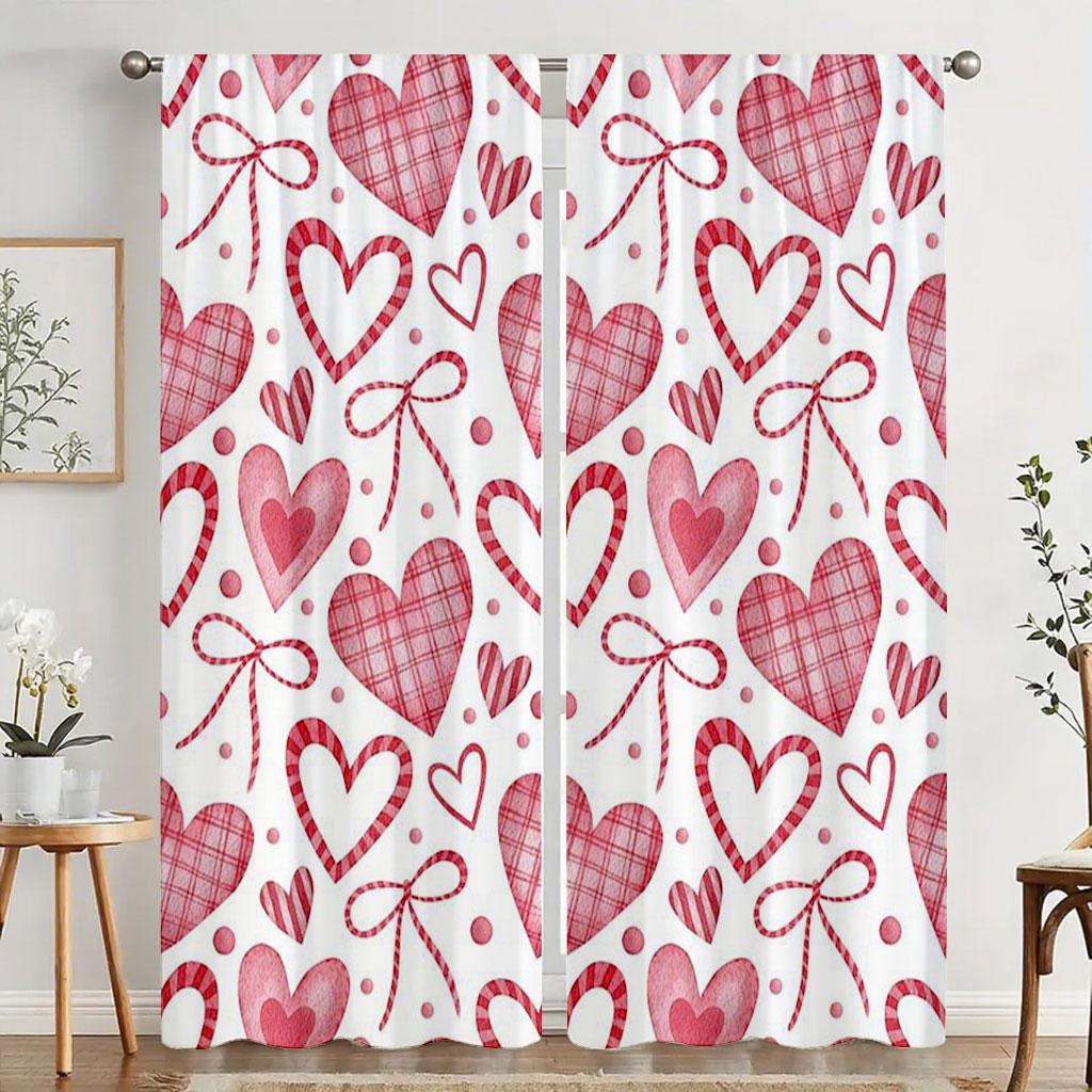 2pcs Red and white checkered heart-shaped bow curtain   sweet   bedroom and living room   with a drawbar pocket decoration