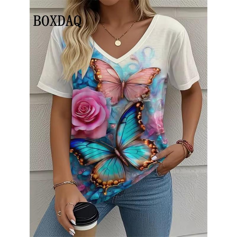 Casual V-Neck Women's T-shirt Summer Outdoor Fashion Short Sleeve Tops Floral Print Butterfly Pattern Plus Size Women's Clothing