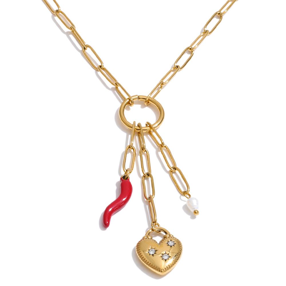 

Yhpup New Style Natural Pearl Zirconia Heart Chili Drop Chain Charm Necklace Stainless Steel Fashion Waterproof Pendant Jewelry