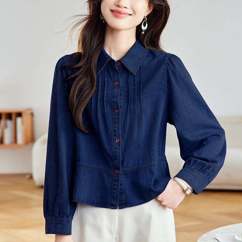 

Маленький мужчина выглядит высоким и позирует с листьями лотоса Джинсовая рубашка для женщин с длинным рукавом Весенне-летняя повседневная рубашка-топ XXL