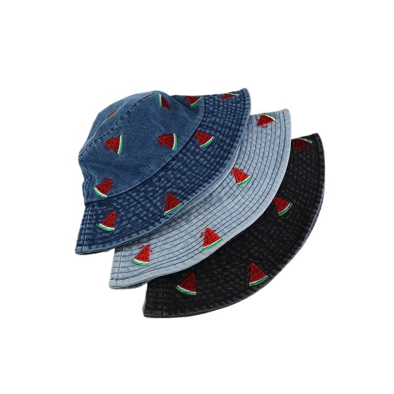 New Denim Summer Bucket Hat For Women Embroidery Watermelon Outdoor Travel Wide Brim Sun Hat Top Qulity Beach Fisherman Cap