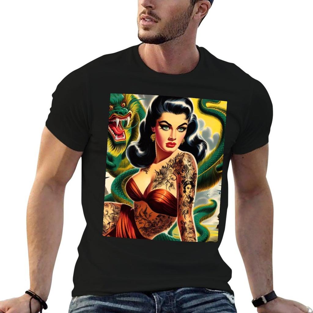 Retro Dragon Tattoo Girl TShirt Simple Casual Short Sleeve Tee