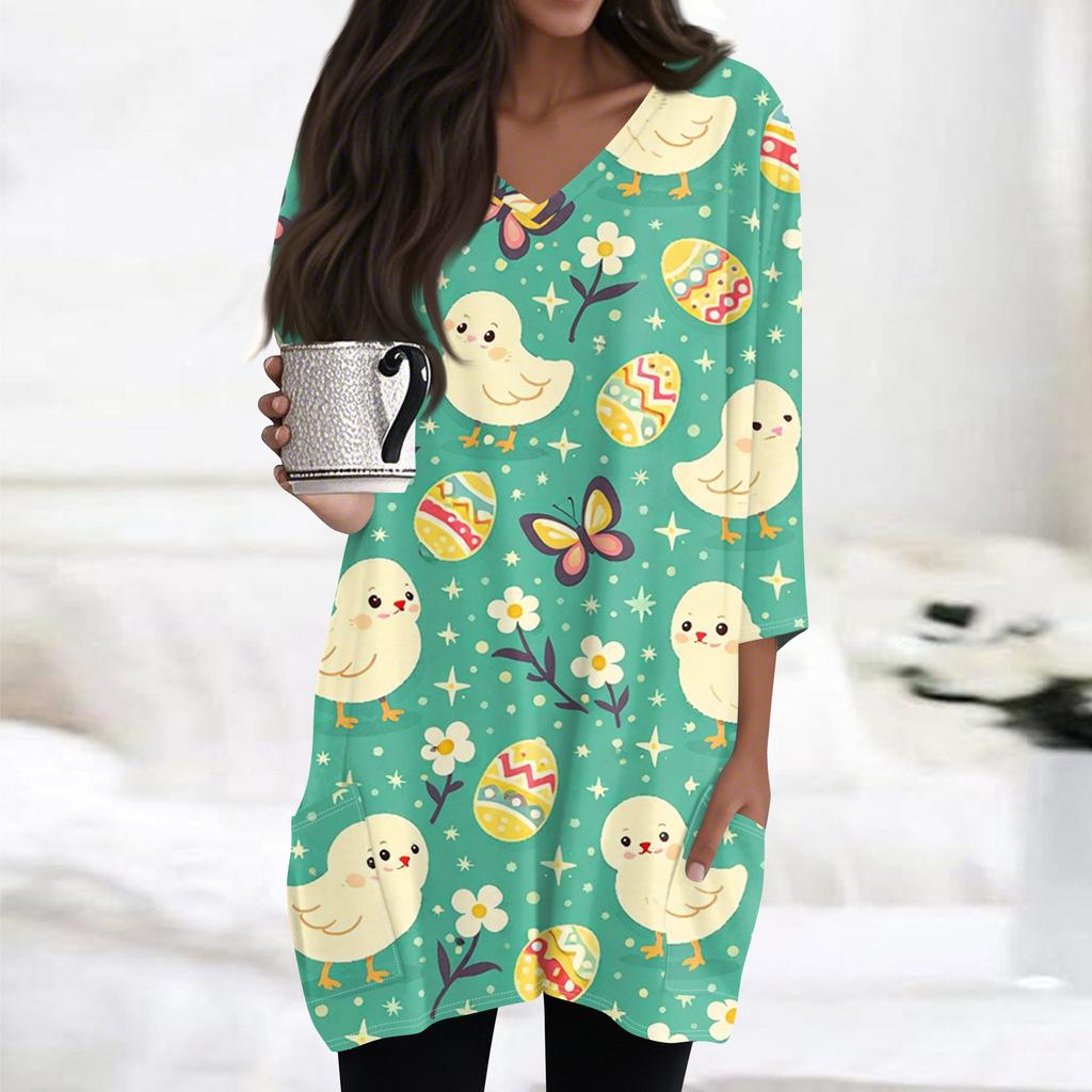 Womens Tops V-neck 3/4 Sleeve Blouses Casual Mid-length Shirts Fashion Print Tunic Tops With Pockets