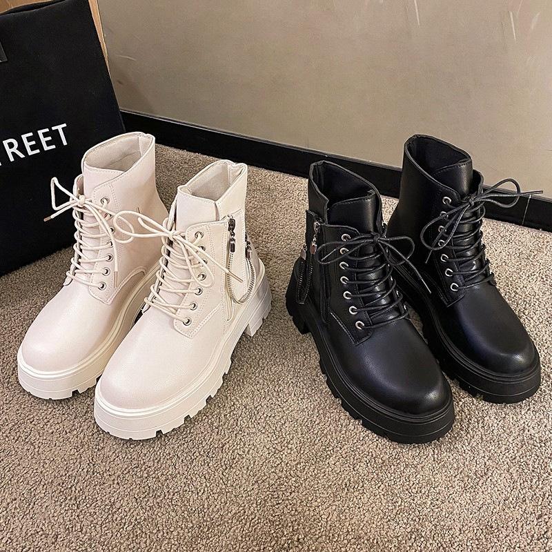 Fashion Autumn Fashion Thick Soled Ankle Boots Shoes for Women Versatile Height Increasing Black Leather Thick Heeled Short Botas Female