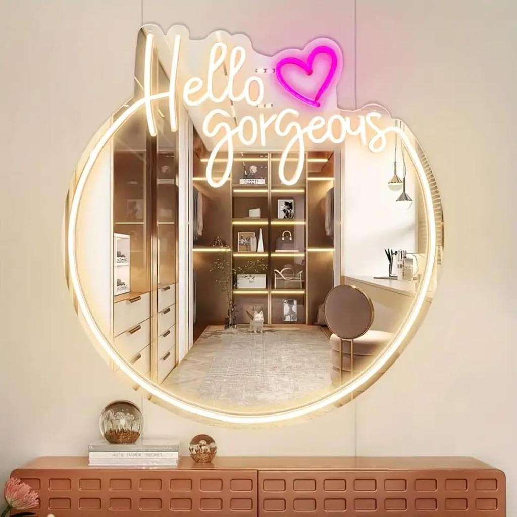 Hello Gorgeous Neon Sign for Wall Decor USB Powered LED Neon Light Mirror Sign with Adjustable Brightness Light Up Sign for Bedroom Girls Rooms