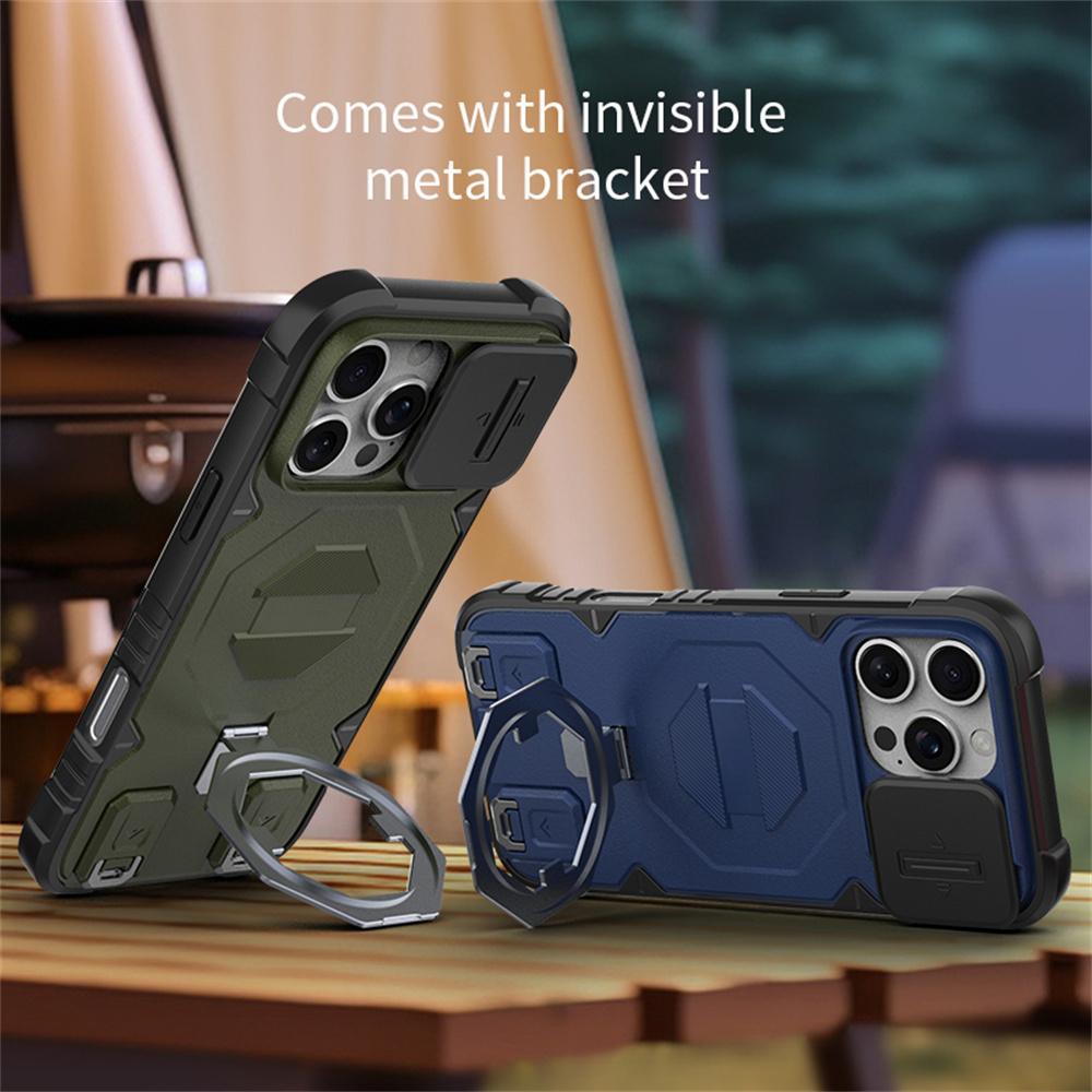 For iPhone 16 Pro Case Compatible with MagSafe PC+TPU Kickstand Phone Cover with Lanyard