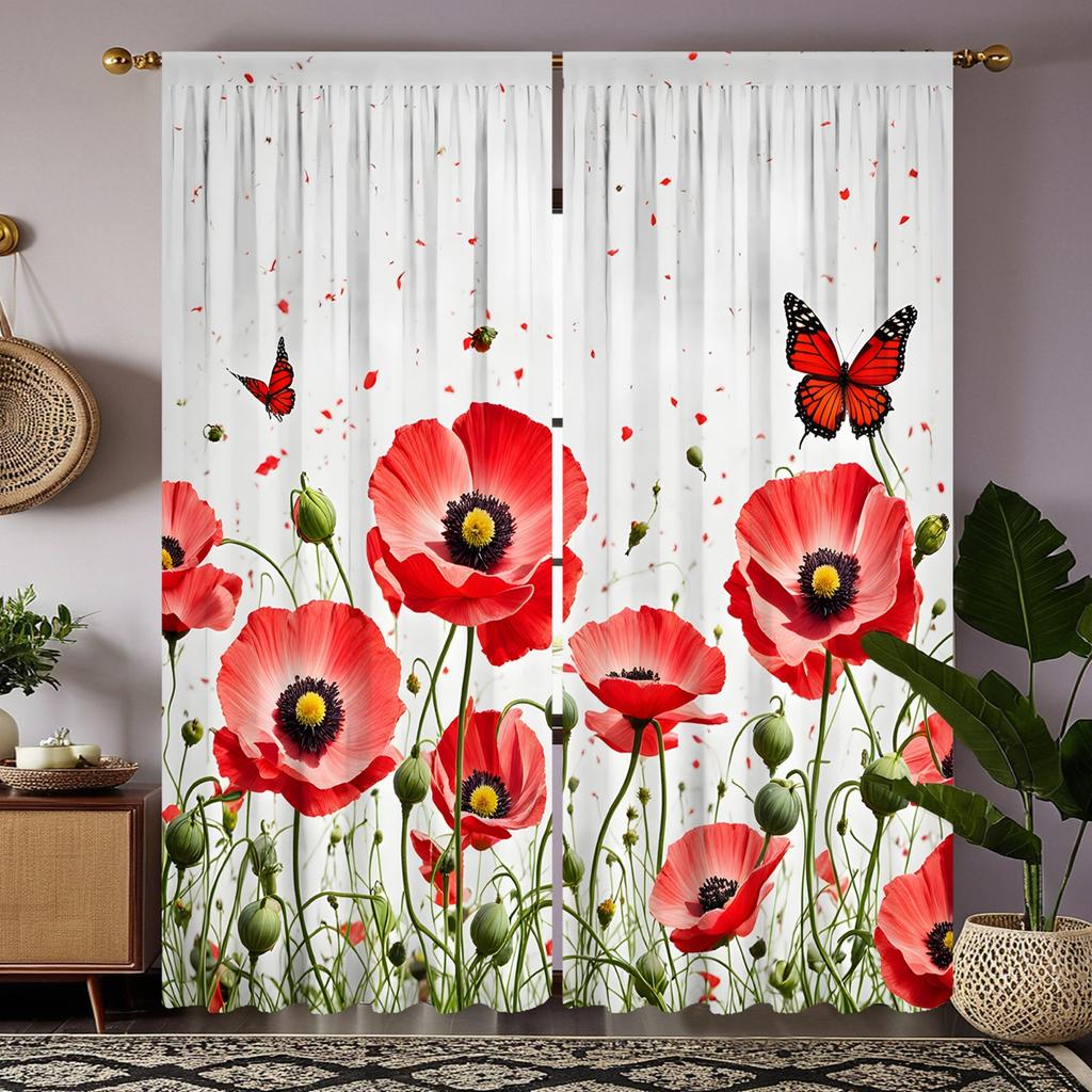 2 szt. zestaw HD Różowy kwiat motyl dekoracyjna zasłona Czerwone wiązanie zasłona z nadrukiem cyfrowym Dekoracja w stylu Dekoracja salonu