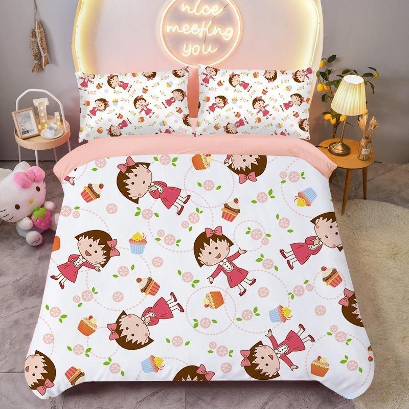 Cartoon Chibi Bettbezug Kissenbezug Maruko-chan Bettwäsche Set Erwachsener Junge Mädchen Schlafzimmer Dekoration Kinder Einzel- Doppelgröße EU Single 135*200cm/53x79in 3pcs pink