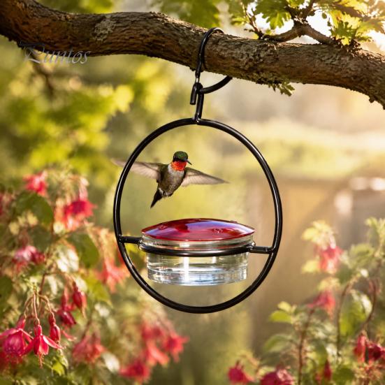 Clear Glass Bowl Bird Feeder Metal Hanging Hummingbird Feeders for Outdoors, with Red Garden Decor Lovers & Perch, Decorative Patio Deck Wild Feeding