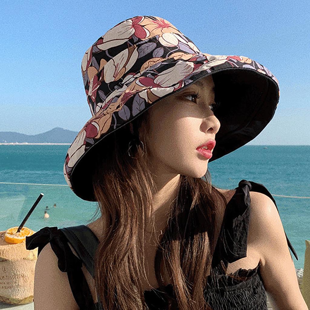 Double-Sided Women Bucket Hat Solid Color Flower Print Wide Brim Fisherman Hats For Ladies Outdoor Travel Panama Sunscreen Cap