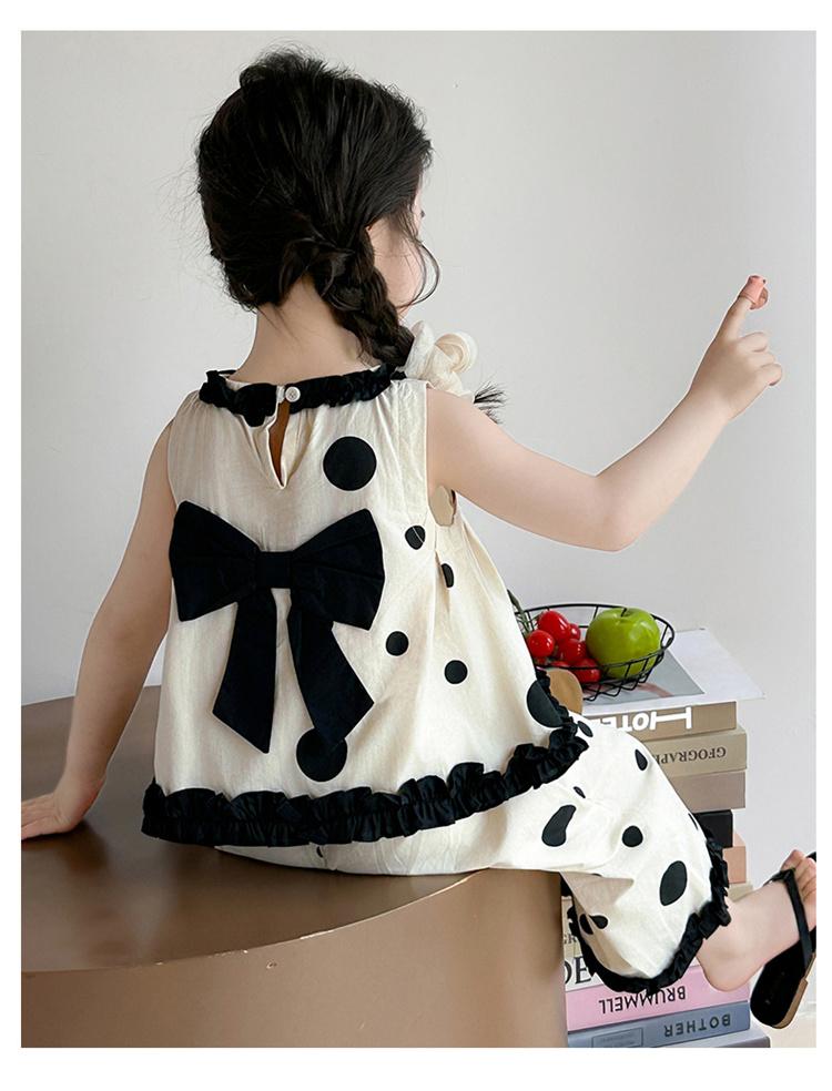 Girls' summer black bow polka dot doll shirt set, stylish and stylish, two cartoon wide leg pants for little girls