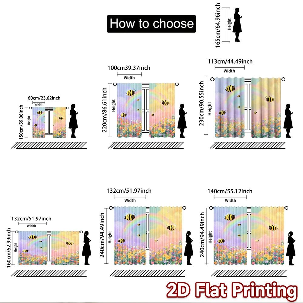 2D Flat Printing 2pcs Curtains Cute Bee Rainbow Flowers Digital Printed Polyester Drapes Family Party Use for New Year and