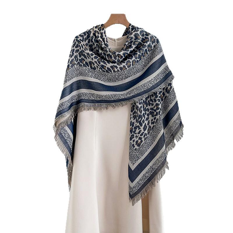 Spring and Autumn new rice gray leopard print scarf women's double-sided imitation cashmere thickened warm fringed large square scarf shawl dual-p