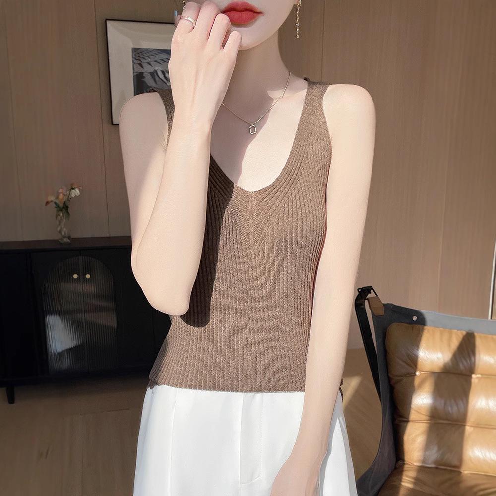 

V-Neck Wool Knit Ribbed Camisole Vest - Sleeveless Spring & Autumn Innerwear S