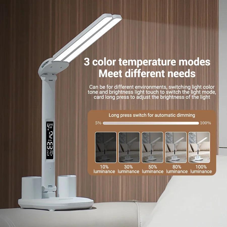 LED Clock Table Lamp USB Chargeable Dimmable Desk Lamps 2 Heads 180 Rotate Foldable Eye Protection Desktop Reading Night Lights