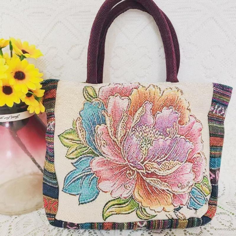 Canvas bag, women's large-capacity double-sided embroidered animal handbag, mommy bag, go shopping, handbag