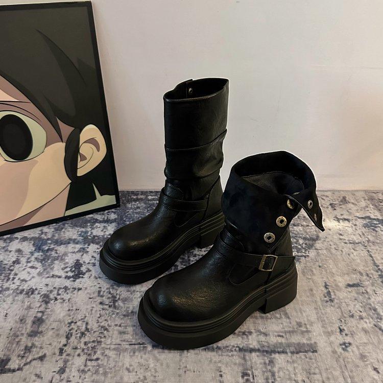 

Black tall boots autumn and winter thick-soled boots women s 2025 new velvet heightening small thick-legged knight boots 35