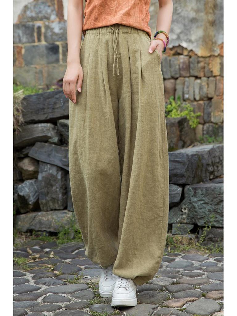 2025 Women's Summer Cotton Linen Ramie Sand-Washed Drawstring Lantern Pants - Distressed & Versatile