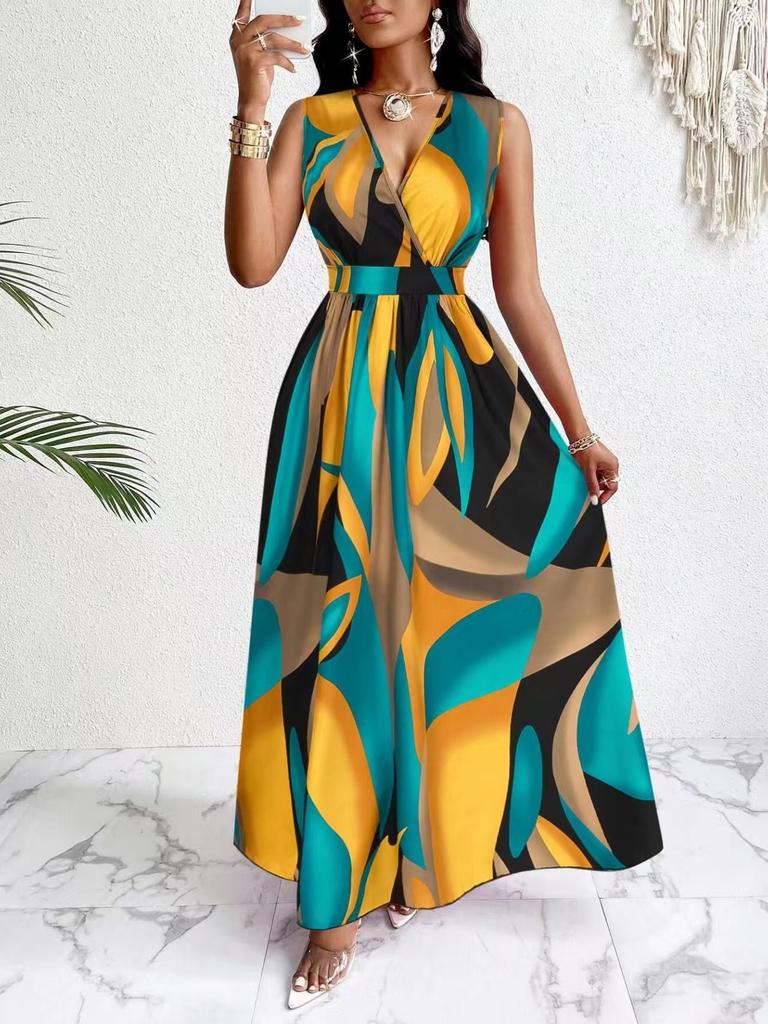 2026 new European and American women's clothing temperament elegant, fashionable and sexy 3D digital printing sleeveless V-neck dress