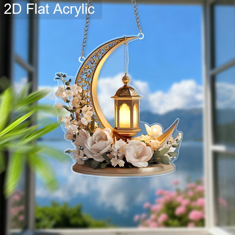 Acrylic Ramadan Crescent Moon Floral Lantern Suncatcher Stained Glass Effect Window Hanging Ornament Muslim Holiday Gifts