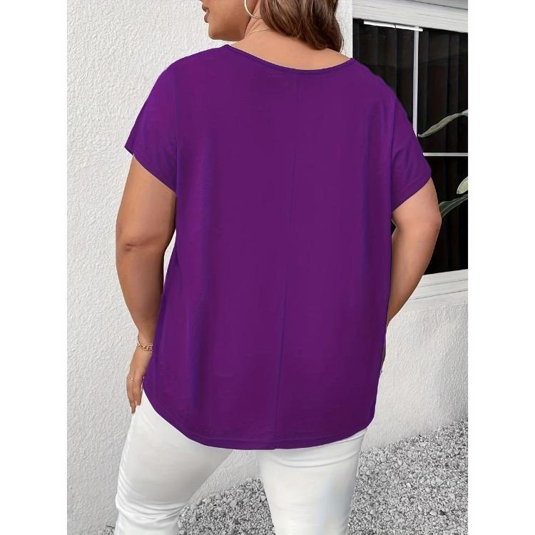 Plus Size Women T-Shirt Elegant Cross Strap Detail Solid Color Short Sleeve Fashion Top