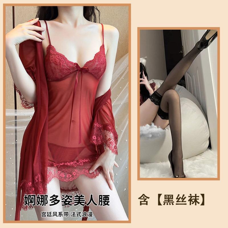 Sexy Women's Pajamas, Be Careful, Large Size Lace Mesh Yarn, Pure Desire Wind, Hot Transparent Robe, Four-piece Home Furnishing