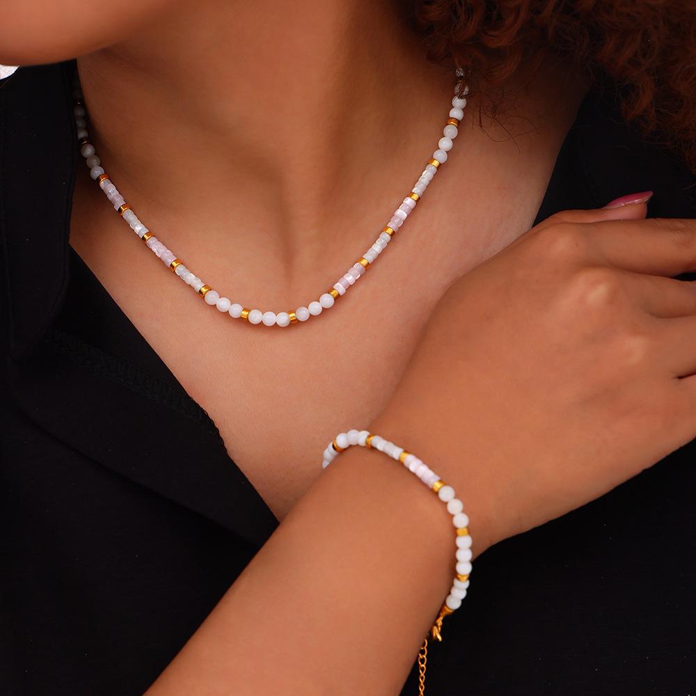 French Elegance Mother-of-Pearl Bead Titanium Steel Necklace & Bracelet Set – Women's Versatile Niche Design Jewelry, INS Style