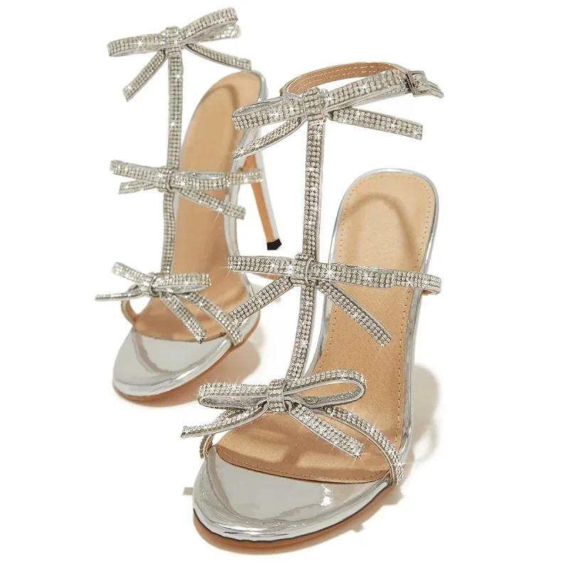 Design Style Peep Toe Buckle Strap Woman Sandals Fashion Crystal Thin High Heels Stripper Party Ladies Shoes