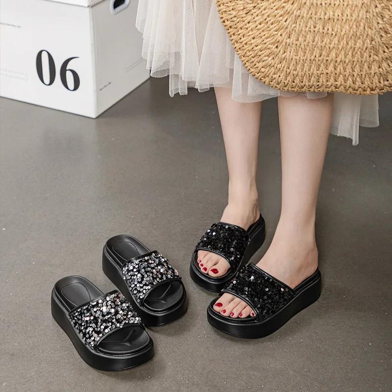 Fashion 7CM Microfiber Leather Chunky Sneaker Fashion Summer Peep Toe Hollow Pumps Hook Flats Shoes Bling High Brand Comfy Sandals Women