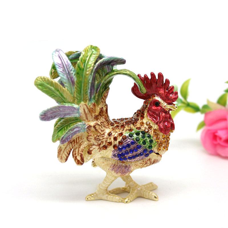 Metal Craft Enamel Jewelry Box, Handmade Crafts, Home Decor, Golden Rooster Trinket Box Gift for Friend Ornament for Counter